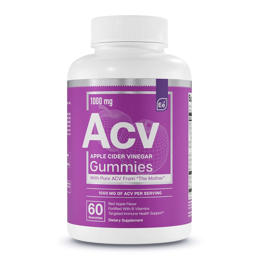 Væsentlige elementer Apple Cider Vincitol Gumier fra The Mother - Naturligt -Sourced, Vegan ACV med folinsyre og vitamin B6 & B12 60 Tæl