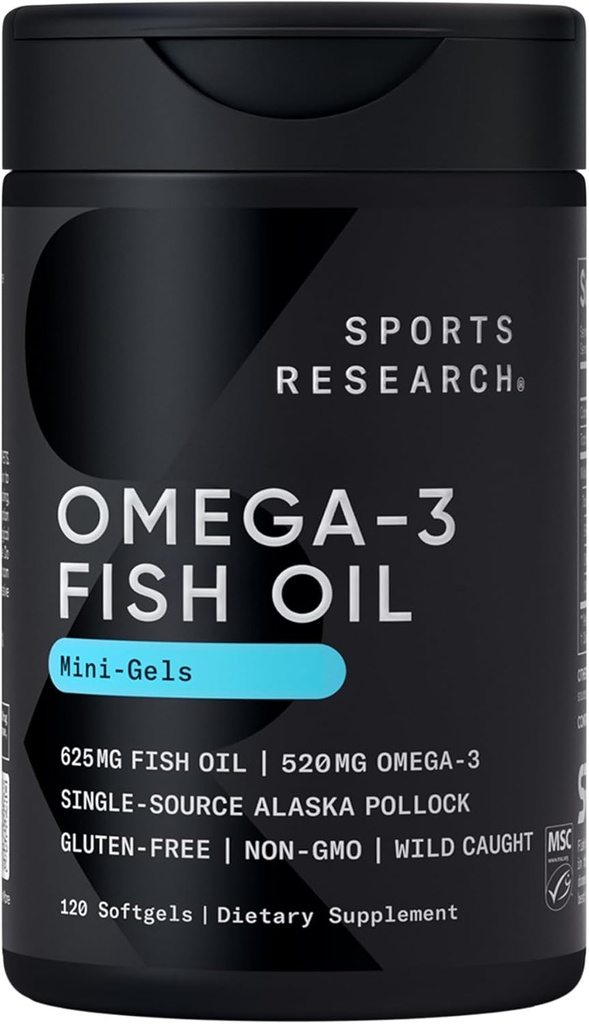 Sportsforskning Fish Oil Mini- Softgels - Let at synke Omega-3 Fedtsyrer fra Wild Caught Alaska Pollock - 625mg, 120 Softgels