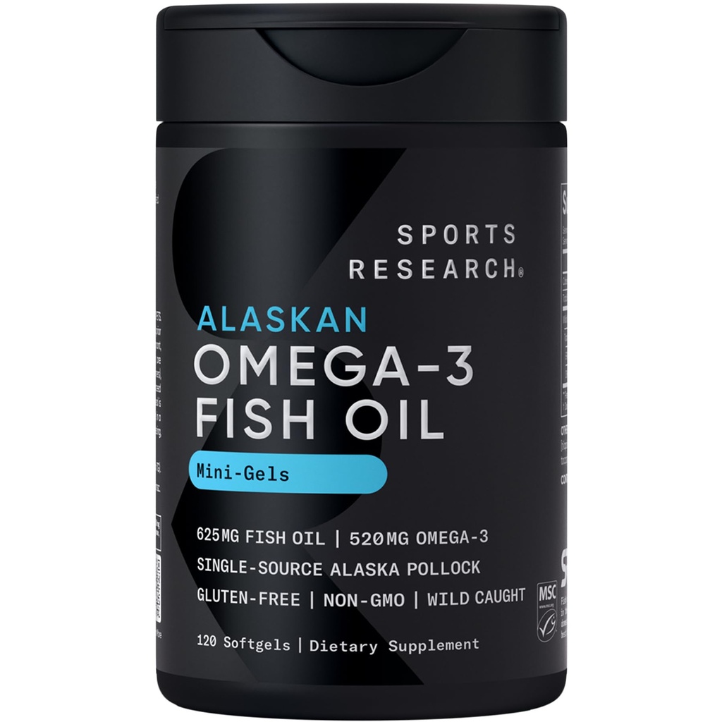 Sportsforskning Fish Oil Mini- Softgels - Let at synke Omega-3 Fedtsyrer fra Wild Caught Alaska Pollock - 625mg, 120 Softgels
