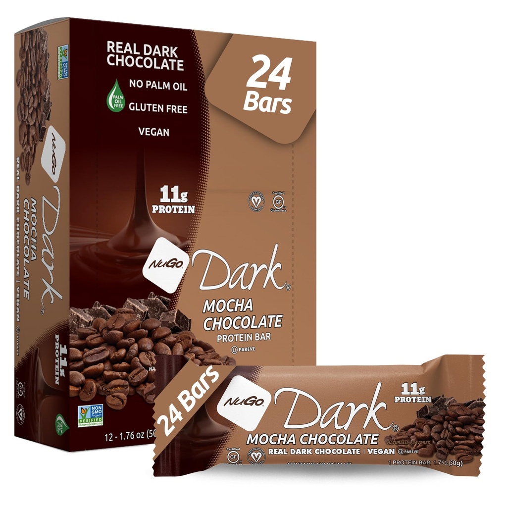 NuGo Dark Chocolate Mocha, 11g Protein Bar, Vegan, Gluten Free, Non-GMO, Kosher Pareve, 24 Count