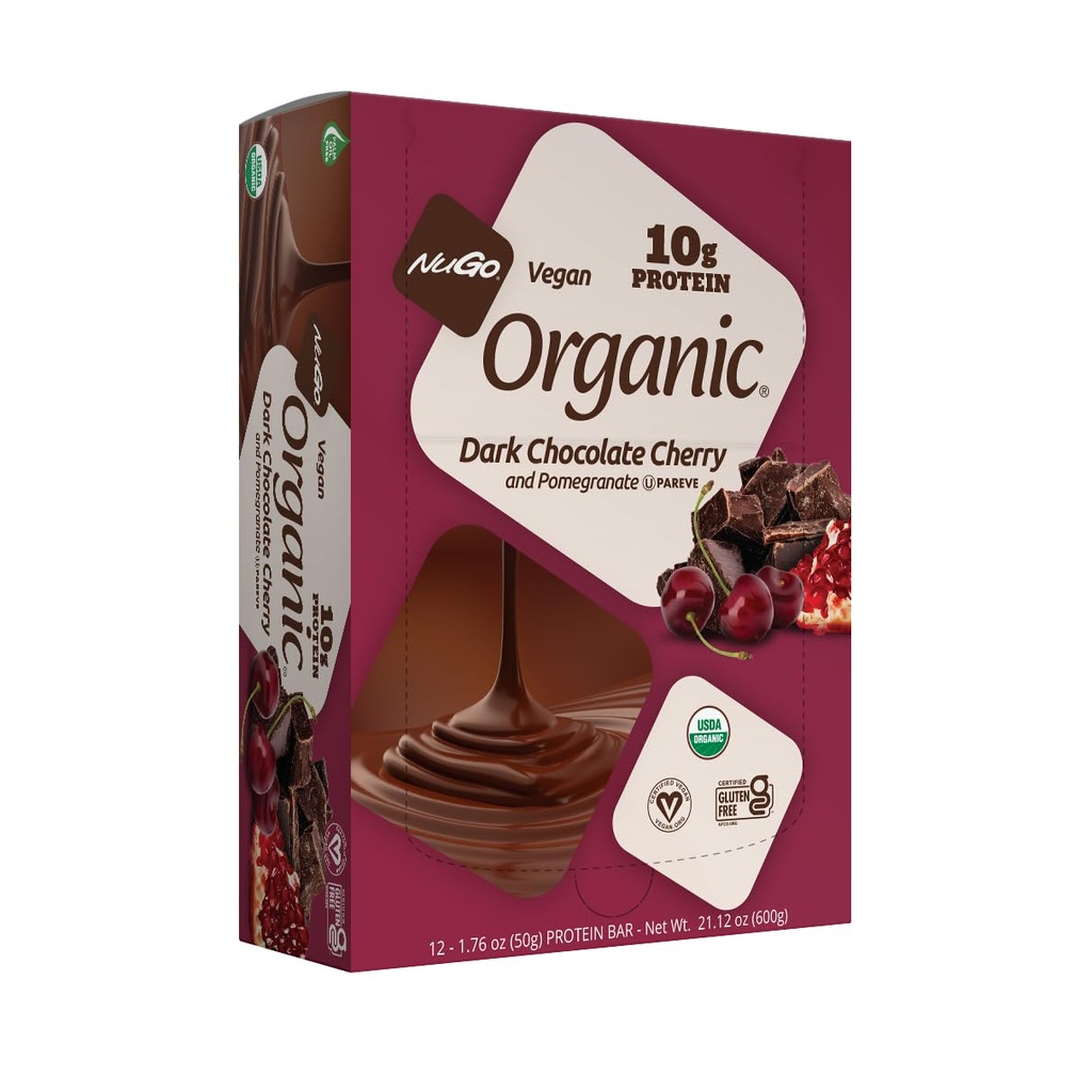 NuGo Organic Chocolate Pomegranate, 10g Vegan Protein, Gluten Free, 12 Count