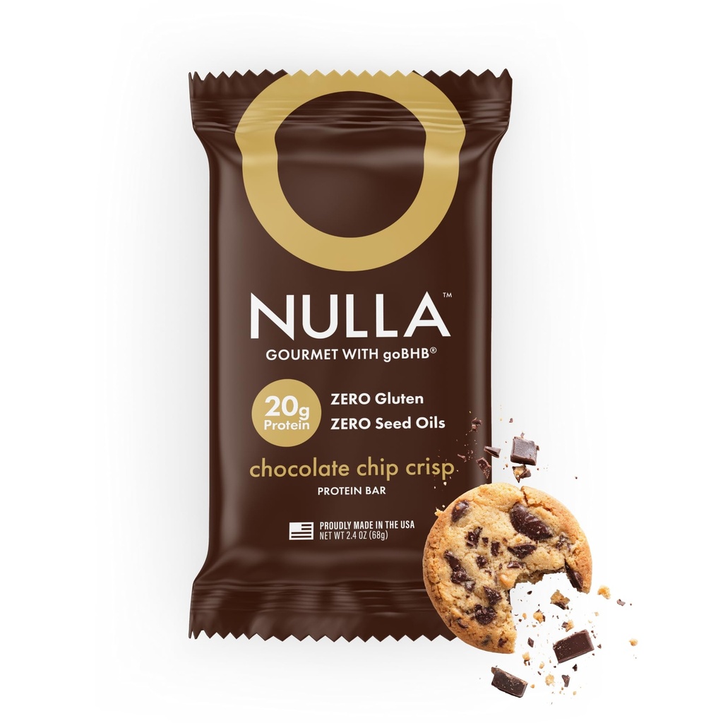 Nulla Gourmet Protein Bar with goBHB & Honey – Chocolate Chip Crisp – 20g Protein, Zero Seed Oils, Gluten Free, Dual-Fuel Performance Energy Snack – Clean Ingredients - 12 Pack