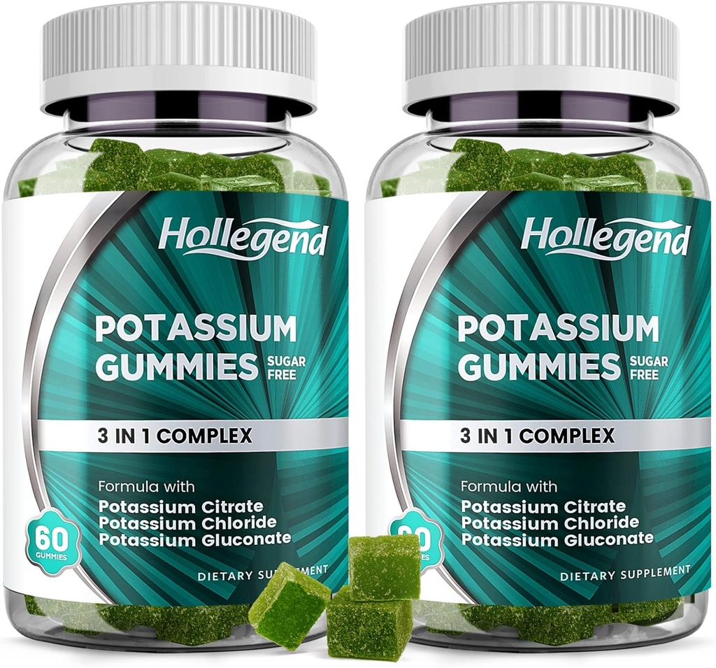 Kalium 3 i 1 Complex Gummies Sugar Free, New Formel med 99mg Kalium Citrat, Kalium Chlorid, Kalium Gluconat, Leg Cramp & Muscle Supplements, 120 Chewables