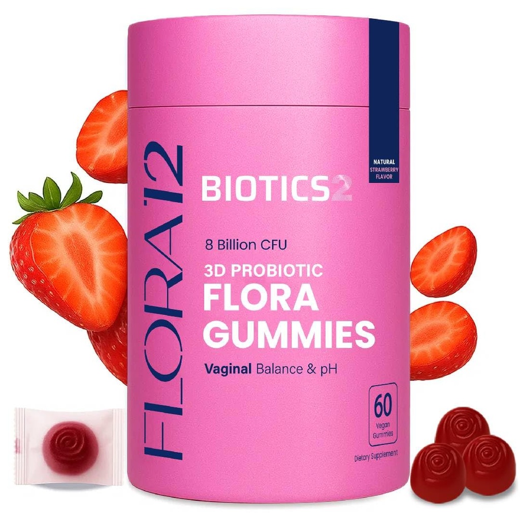 Flora Vaginal Probiotics for Women pH Balance Gummies with Prebiotics 8x Billion Probiotics 5x Extracts Saw Palmetto, Dong Quai, Motherwort, Wild Kelp & Yam | Vegan Sugar-Free Gluten-Free, 60 Ct