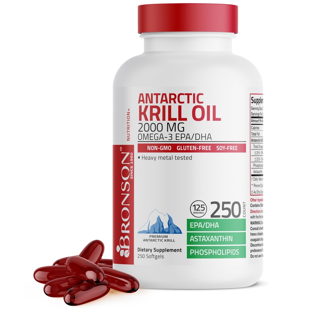Bronson Antarctic Krill Oil 2000 mg med Omega- 3s EPA, DHA, Astaxanthin og Phospholipider, 250 Softgels (125 Servere)