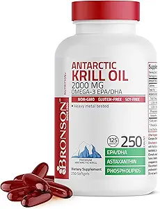 Bronson Antarctic Krill Oil 2000 mg med Omega- 3s EPA, DHA, Astaxanthin og Phospholipider, 250 Softgels (125 Servere)