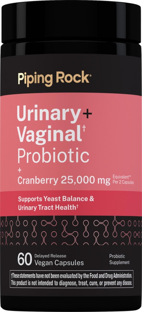 Piping Rock Urinary and Vaginal Probiotic for Women | 60 Capsules | with Cranberry | Support Healthy Urinary Tract. Vaginal pH, Yeast Balance, Vaginal Flora | Vegan, Non-GMO and Gluten Free