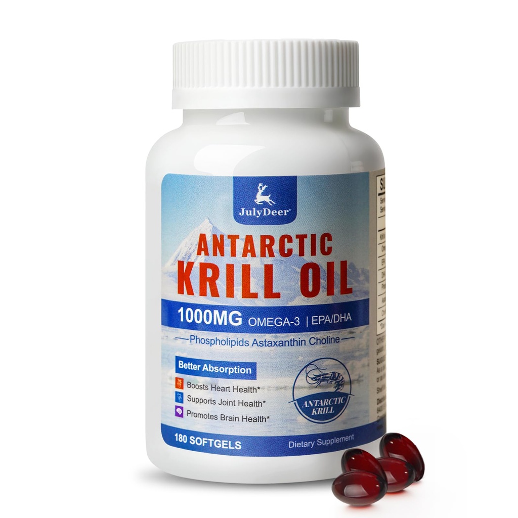 JulyDeer Krill Oil 1000 mg with Omega-3s EPA, DHA, Astaxanthin and Phospholipids 180 Softgels Supplement, Antarctic Krill No Fishy Aftertaste for Joint, Heart, Brain and Immunity