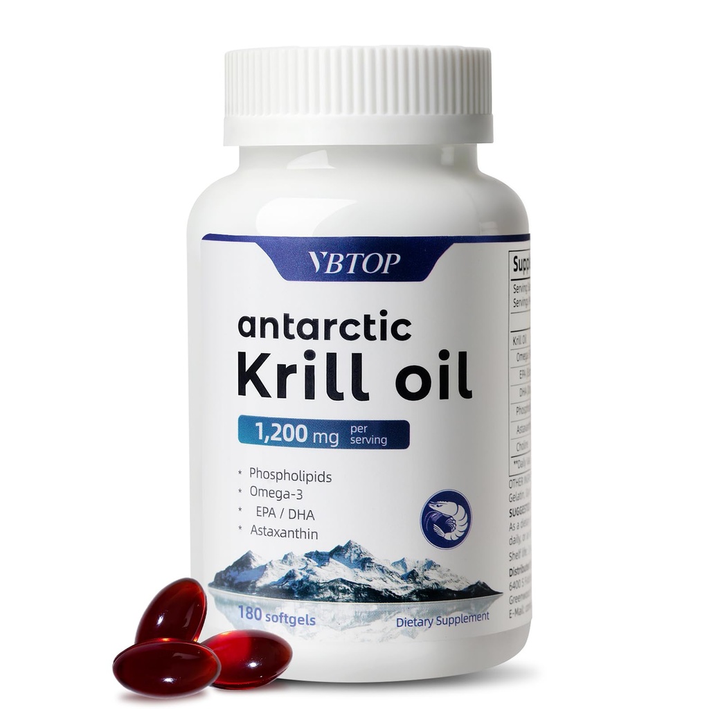 Antarctic Krill Oil 1200mg with Omega-3 EPA DHA, Phospholipids, Astaxanthin & Choline, Mercury Free, No Fishy, Supports Heart, Brain & Joint Health, 180 Softgels