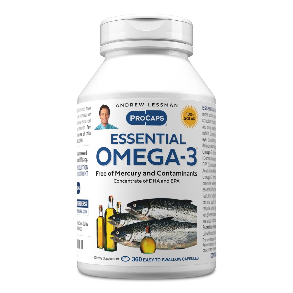 ANDREW LESSMAN Essential Omega-3 Unflavored - 360 Softgels - Ultra-Pure, High Potence Omega-3 Olies. Høj DHA, ingen stomach, ingen kontaminanter, ingen kviksølv. Lille let at synke bløddele