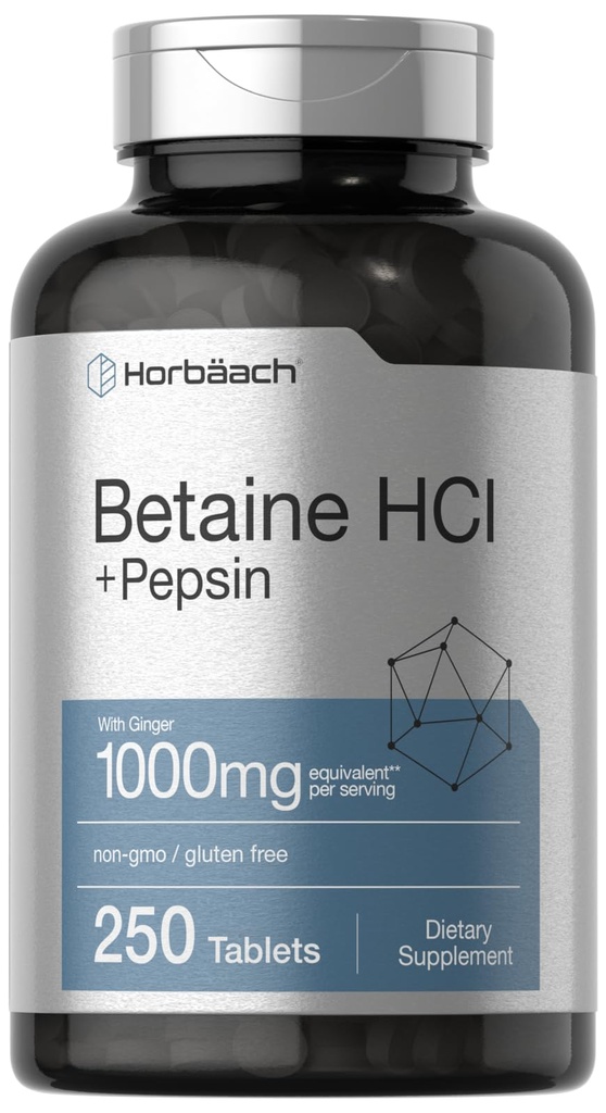 Horbäach Betaine HCl with Pepsin | 250 Tablets | Hydrochloride Supplement | with Ginger Root | Non-GMO, Gluten Free