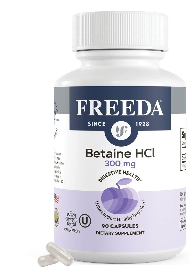 Freeda Betaine HCl - Vegan Betaine Supplement Digestive Supplement for Healthy Digestion - Organic Vegetarian Formula, Does Not Contain Pepsin (90 Capsules)