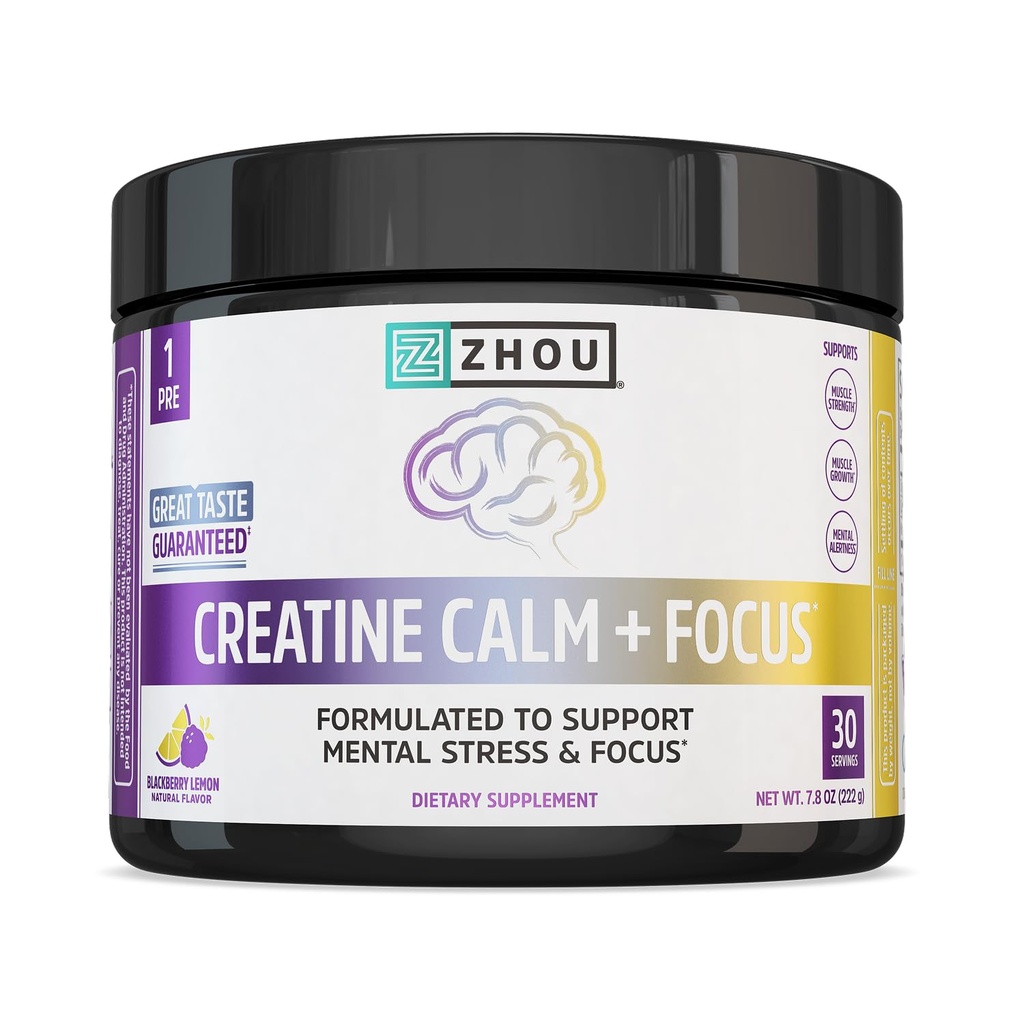Zhou Creatine Calm and Focus Powder - 5 g Creatine Monohydrate Plus Cognizin and Korean Ginseng - Muscle, Cognitive Energy, Mental Stress Support - BlackBerry Lemon Flavor - 30 Servings, 7.8 OZ