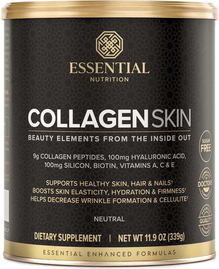 Essential Nutrition Collagen Hud - Hydrolyzed Collagen Peptider, med Hyaluronsyre, Silicon & Biotin - Hår, Hud & Nails - Neutral - 11.9 oz (30 Servere)