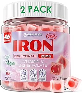 Vegan Iron Supplement for Women 25mg, Sugar Free Iron Gummies with Vitamin C, Methy B12, Folate for Energy Boost, Iron Deficiency, No After Taste, Peach Flavor - 60 Count (Pack of 2)