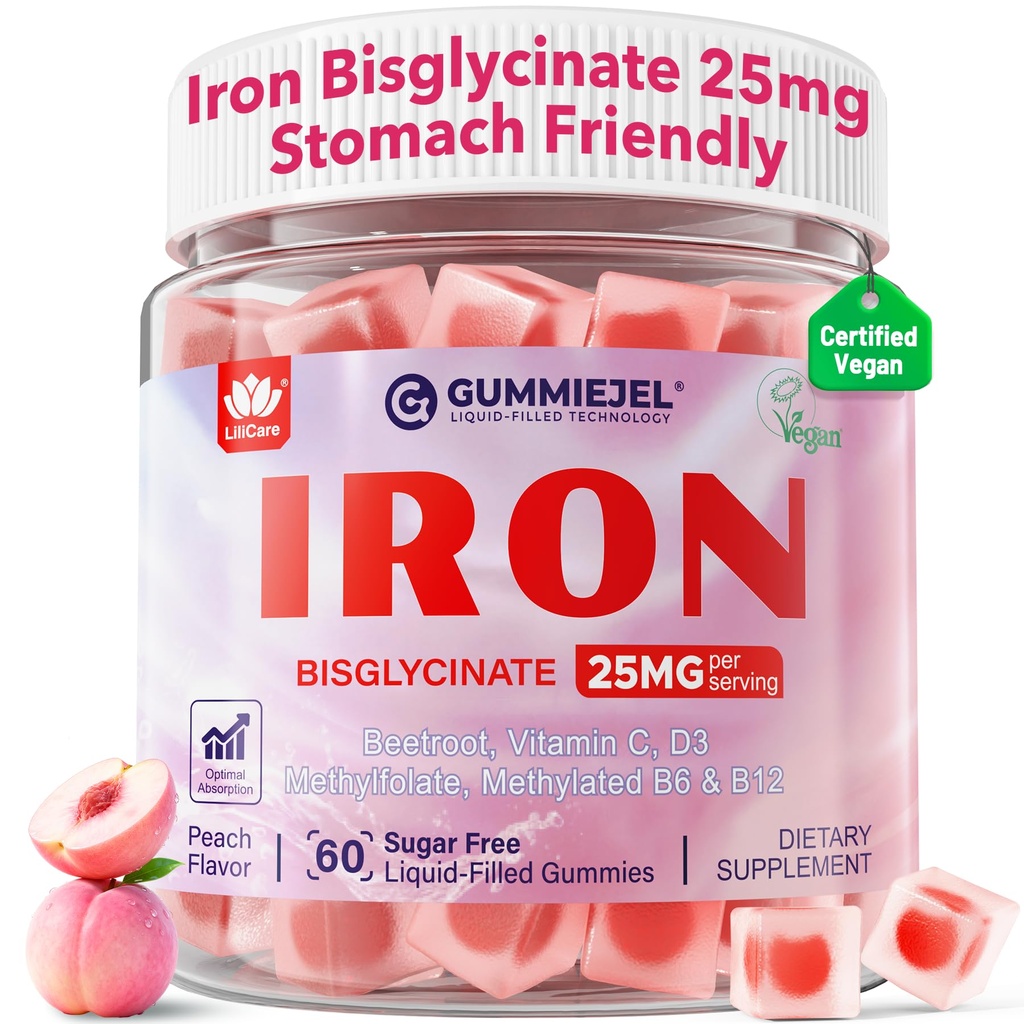 Vegansk jerntilskud til kvinder 25 mg, sukkerfri jerngummier med C-vitamin, Methy B12, folde til energi Boost, jernmangel, No After Taste, Peach Flavor - 60 Greve (pakke med 2)