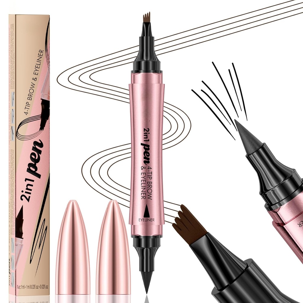 Q710 2in1pen, 4-Tip Brow pen & Eyeliner, Dcuble- ended design, vilde øjenbryn makeup, microblading øjenbryn pen, vandtæt, Soft nib, Med en glat slagtilfælde (2 # Dark Brown)