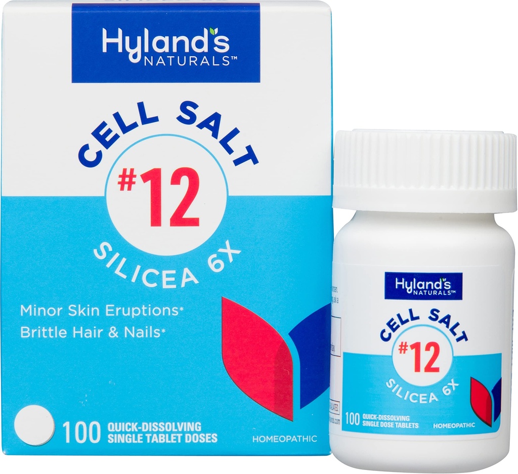 Hyland 's No. 12 Cell Salt Silicea 6X tabletter, Acne og Blackhead behandling, hår og negle vækst supplement og styrke, hud irritationer, hurtig opløsning tabletter, 100 greve