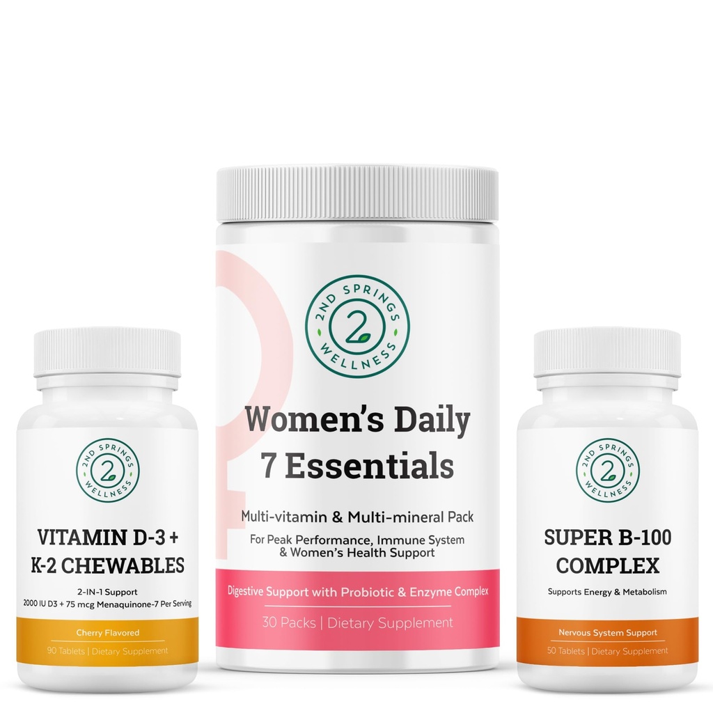 Women's Daily 7 Essentials, Vitamin D3+K2 Chewables & Super B-100 Complex Bundle