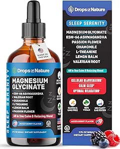 Magnesium Glycinate & Ashwagandha Flydende dråber med Valerian Root, Kamille, Passion Flower, Lemon Balm & L- Theanine - Vegan Fast Absorption - Supplement for Wellness & Relaxation (blandet berry, 60ml)