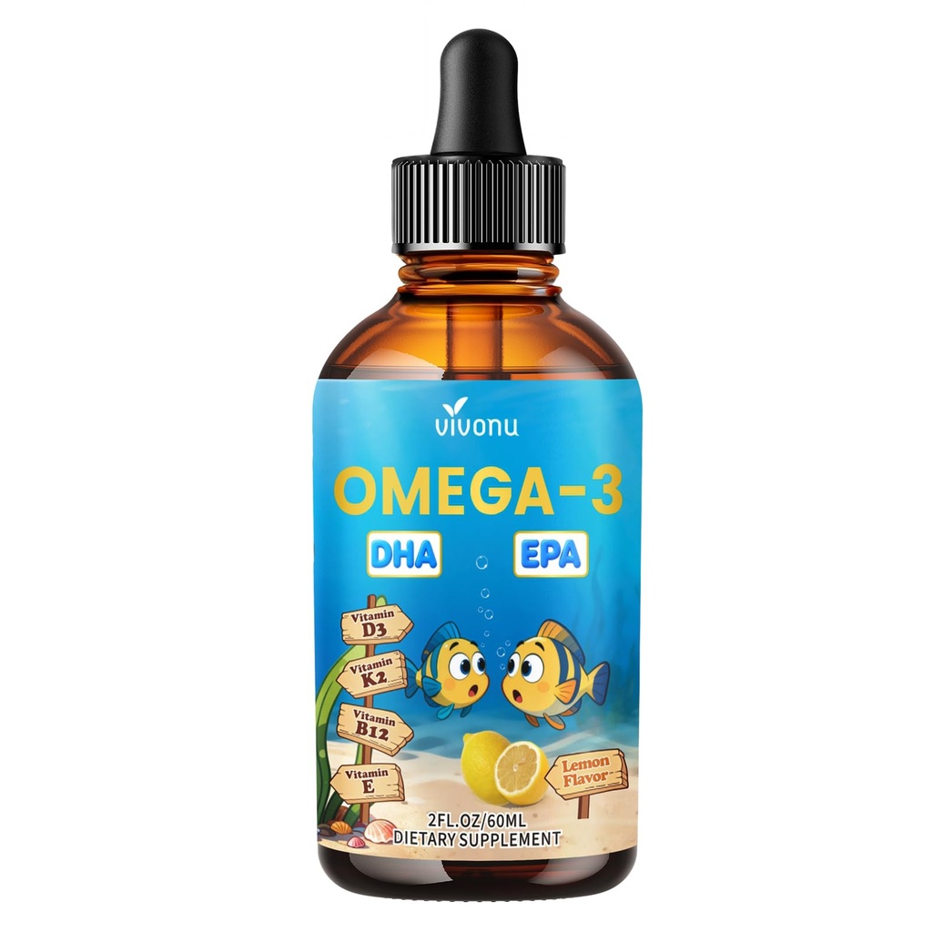 VivoNu Omega 3 for Kids, Children’s DHA Omega 3 6 9 Drops | 600mg Total Omega-3s with EPA & DHA| Brain Development & Mood, Learning - Non-GMO(2Fl Oz)