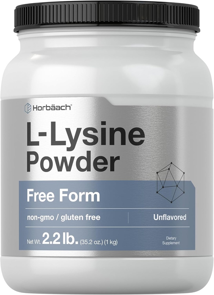 Horbäach L- Lysin Powder Б124; 2,2 lbs Б124; Unflavored Free Form Support 124; Vegetar, Non- GMO, Gluten Free Formel