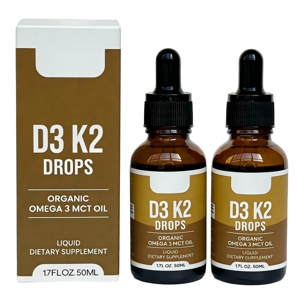 Vitamin D3 K2 Drops with MCT Oil Omega 3-2Pcs Organic D3 K2 Liquid Drops with 5000 IU, for Adults Kids Toddlers Seniors, Bone Heart Immune Health Fast Absorption Unflavored 1.7 Fl OZ