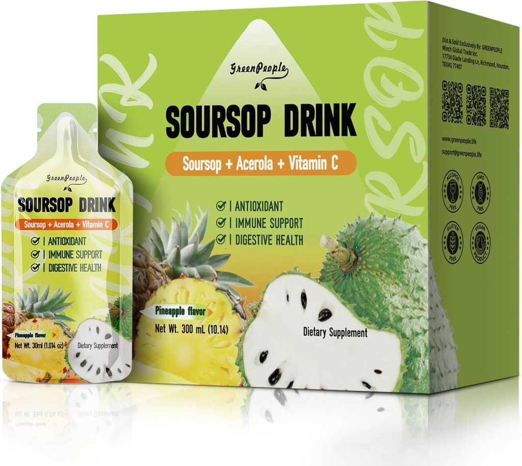 GREENPEOPLE Soursop & Acerola Liquid Supplement Drikke, Soursop Bitters Liquid, Immun Boosting Vitamin C Drink, Hurtig Absorption, Vegan, Non- GMO, 10 Pakker