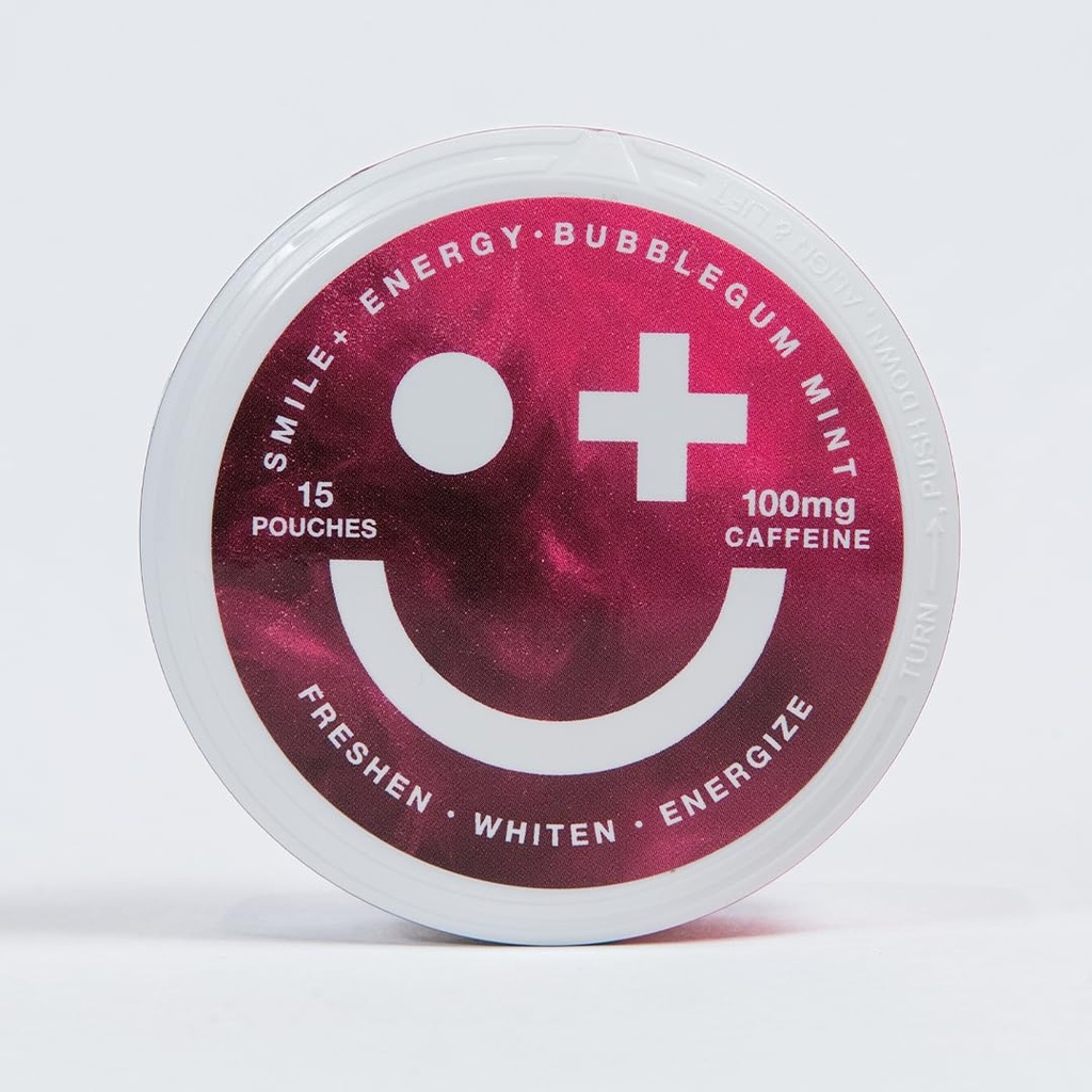 Smile+ Energy Pouches — 100mg Caffeine, Sugar Free, Nicotine Free – Freshen & Energize – 15 Pouches (1 TIN, Bubblegum Mint)