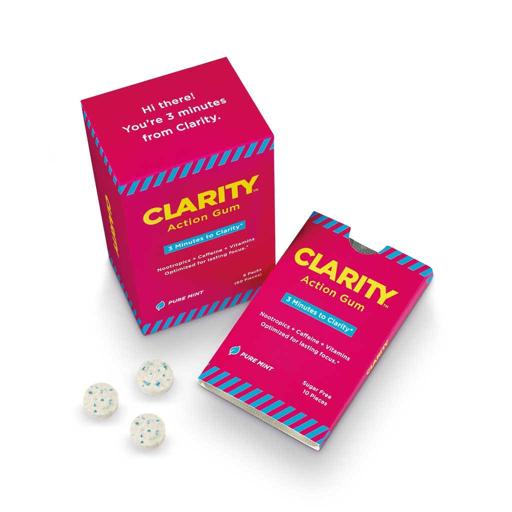 Clarity Action Gum - Energy Gum with 55mg Caffeine, Nootropics and Vitamin B6 - Sugar Free - Pure Mint - 60 Pieces