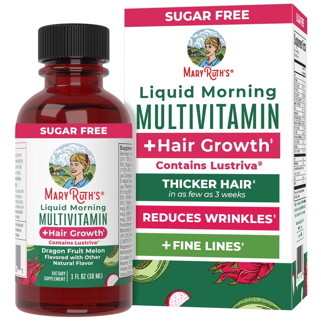MARYRUTH'S Liquid Multivitamin + Hair Growth Travel Pack | Biotin 10000mcg | Lustriva Hair Growth Supplement | Clinically Tested in Women for Thicker Hair & Facial Wrinkle | Ages 18+ | 8 Servings