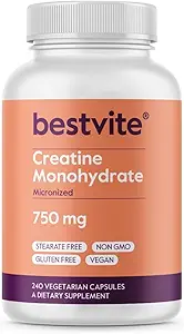 BESTVITE Creatinmonohydrat 750mg (240 vegetariske kapsler) - Mikroniseret - Ingen stearater - Vegan - Ikke GMO - Ingen Gelatine - Gluten Free - Creatinine Capsules
