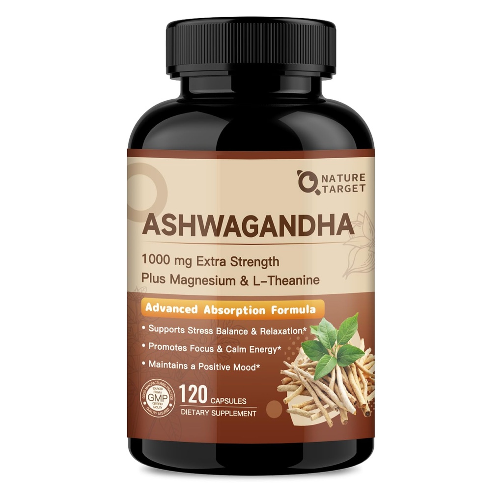 NATURE TARGET Ashwagandha Supplements for Women & Men – Ashwagandha Root Extract 1000mg with Magnesium & L-Theanine, Support Mood, Immune Health & Energy, Non-GMO, 120 Vegan Capsules