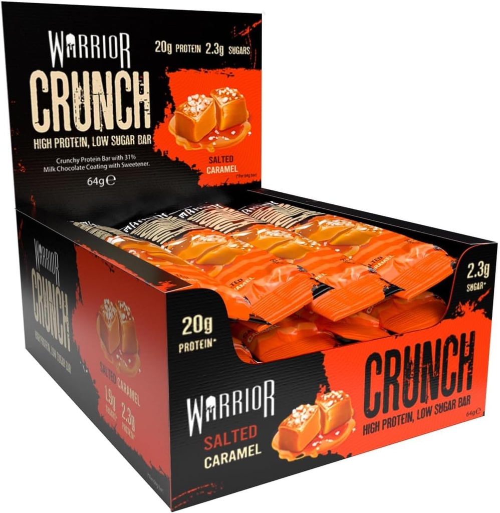 Warrior Crunch High Protein Low Carb Bar, 64 g, Salted Caramel, Pack of 12