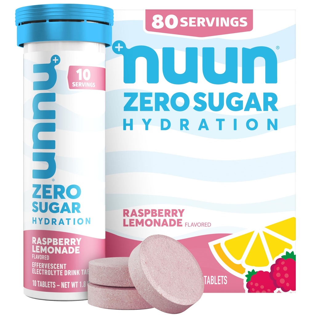 Nuun Zero Sugar Hydration Electrolyte Tablets - Sodium, Potassium, Chloride, Calcium, Magnesium, Light & Delicious Fruit Flavors, No Sugar, Gluten Free, Vegan, Raspberry Lemonade (80 Servings Total)