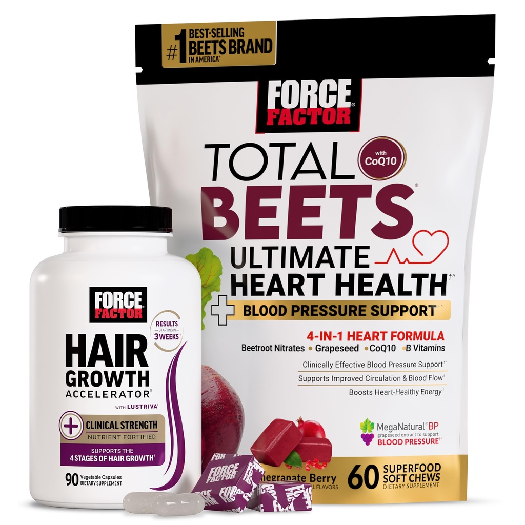 Force Factor Hair Growth Accelerator Capsules, 90 Capsules + Total Beets Ultimate Heart Health Blood Pressure Support, Pomegranate Berry, 60 Soft Chews