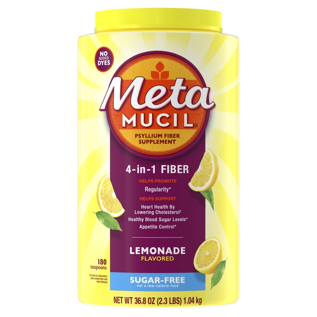 Metamucil 4in1 Lemonade Flavored Fiber Supplement Powder, Fiber Powder for Promote Digestive Health and Regularity*, Sugar-Free, Naturally Sourced Psyllium Fiber, 180 teaspoons
