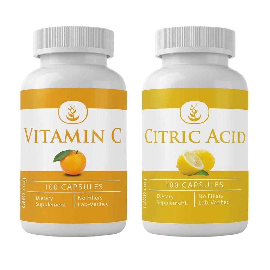 PURE ORIGINAL INGREDIENTS Vitamin C and Citric Acid Capsules Bundle, 100 Capsules Each, Always Pure, No Additives or Fillers