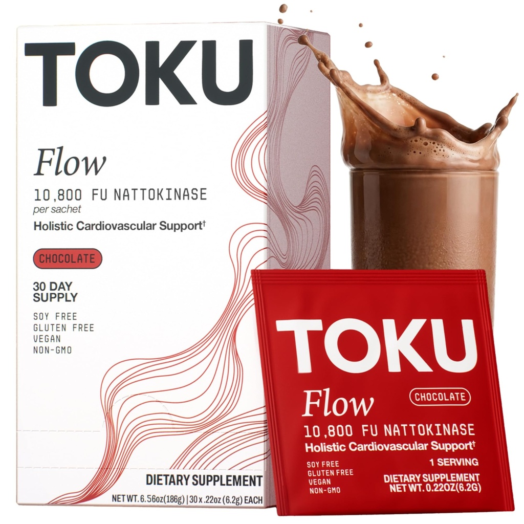 Toku Nattokinase 10,800 FU Supplement with Vitamin K2 MK7 & Oat Beta Glucan, Daily Circulation Support Powder, Plant-Based Drink Mix, Soy-Free, 30 Single-Serve Packets - Chocolate