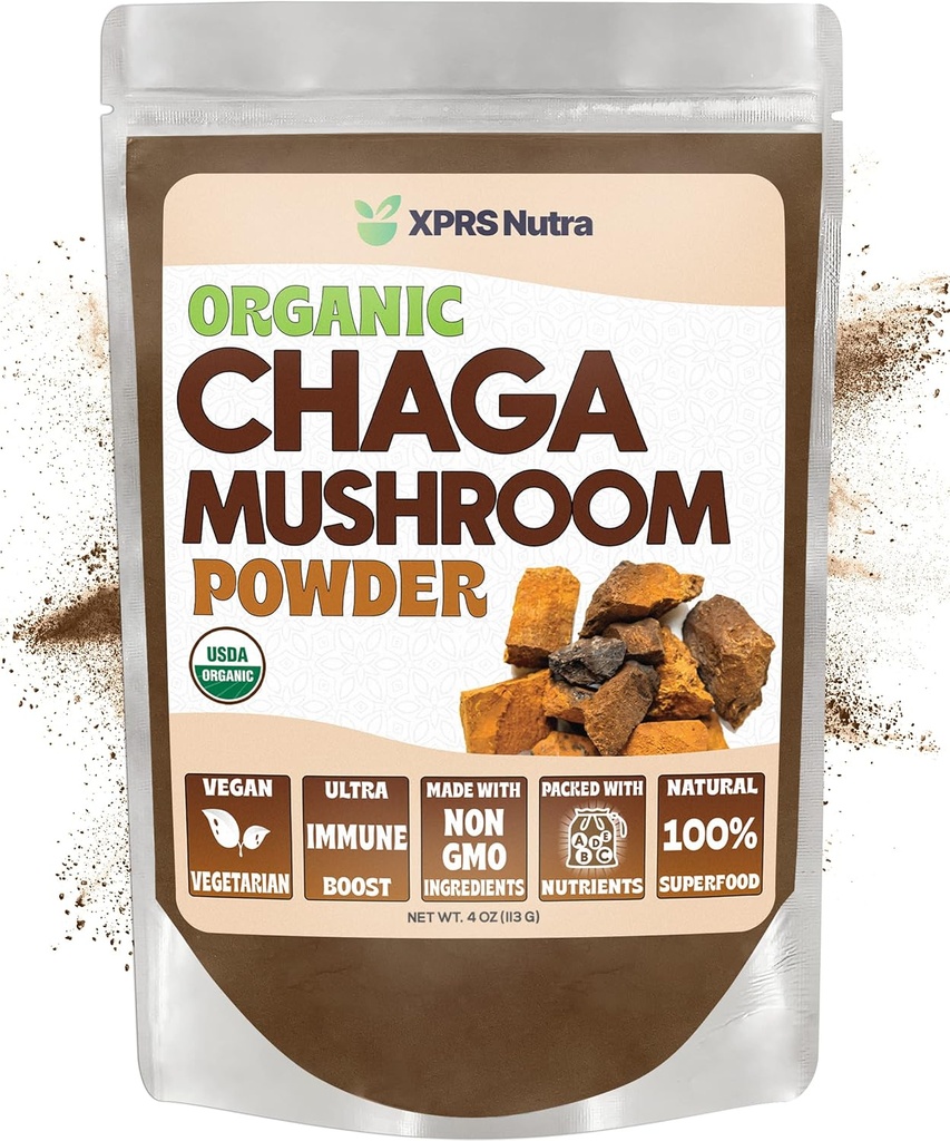 XPRS Nutra Organic Chaga Mushroom Powder - Premium USDA Organic Chaga Mushrooms Powder - Chaga Powder for Immunity - Vegansk Friendly Superfood til Chaga Tea og drikke (4 Ounce)