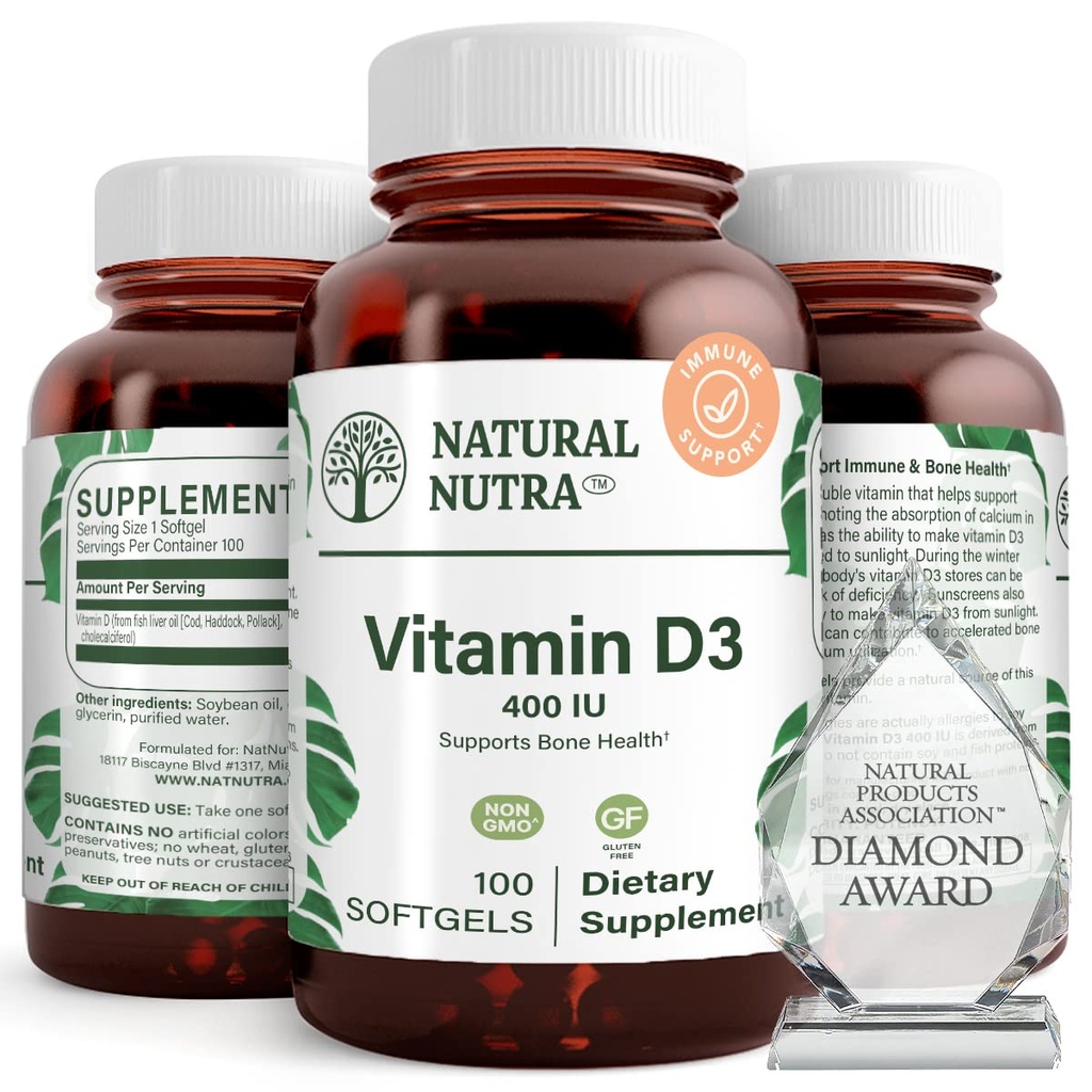 Naturlig Nutra Supreme Vitamin D3 400 IE Softgels, Hjælper Boost Immun, Support Lungs Health, Sunshine Vitamin, Hjælper Forbedre Kardiovaskulær Sundhed, Knogler og tænder Styrke, Gluten- Free, 100 Softgels