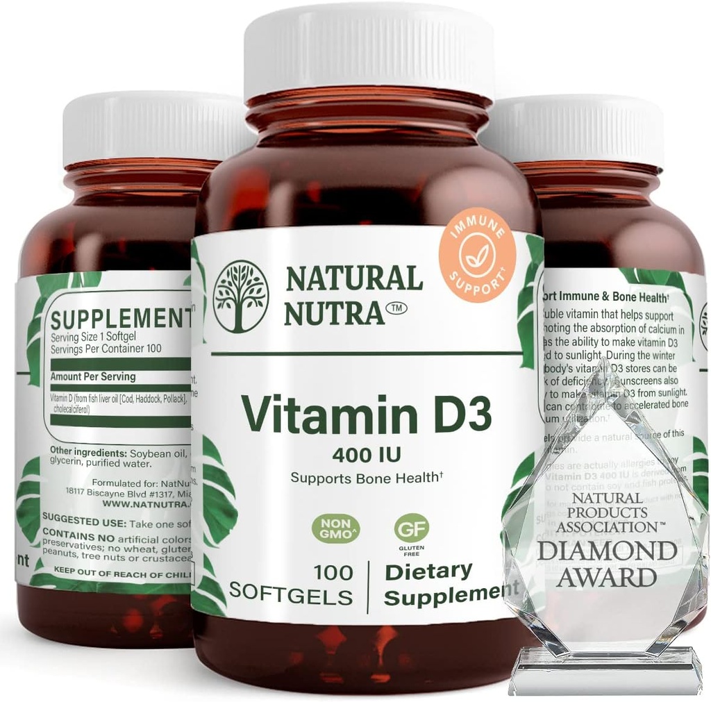 Naturlig Nutra Supreme Vitamin D3 400 IE Softgels, Hjælper Boost Immun, Support Lungs Health, Sunshine Vitamin, Hjælper Forbedre Kardiovaskulær Sundhed, Knogler og tænder Styrke, Gluten- Free, 100 Softgels