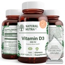 Naturlig Nutra Supreme Vitamin D3 400 IE Softgels, Hjælper Boost Immun, Support Lungs Health, Sunshine Vitamin, Hjælper Forbedre Kardiovaskulær Sundhed, Knogler og tænder Styrke, Gluten- Free, 100 Softgels