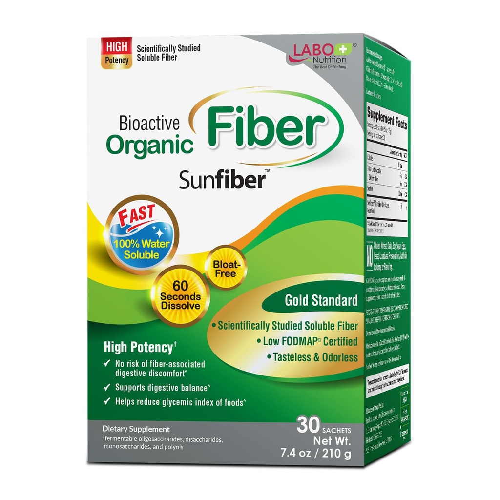 Labo Nutrition Bioactive Organic Fiber - Sunfiber PHGG Opløselig Prebiotic Fiber til fordøjelsesmæssig regularitet & Gut Sundhed - Delvis Hydrolyzed Guar Gum, Low FODMAP, Unflavored, Vegan, Non- GMO, 30 Sachets
