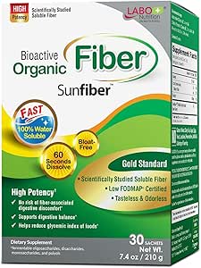 Labo Nutrition Bioactive Organic Fiber - Sunfiber PHGG Opløselig Prebiotic Fiber til fordøjelsesmæssig regularitet & Gut Sundhed - Delvis Hydrolyzed Guar Gum, Low FODMAP, Unflavored, Vegan, Non- GMO, 30 Sachets