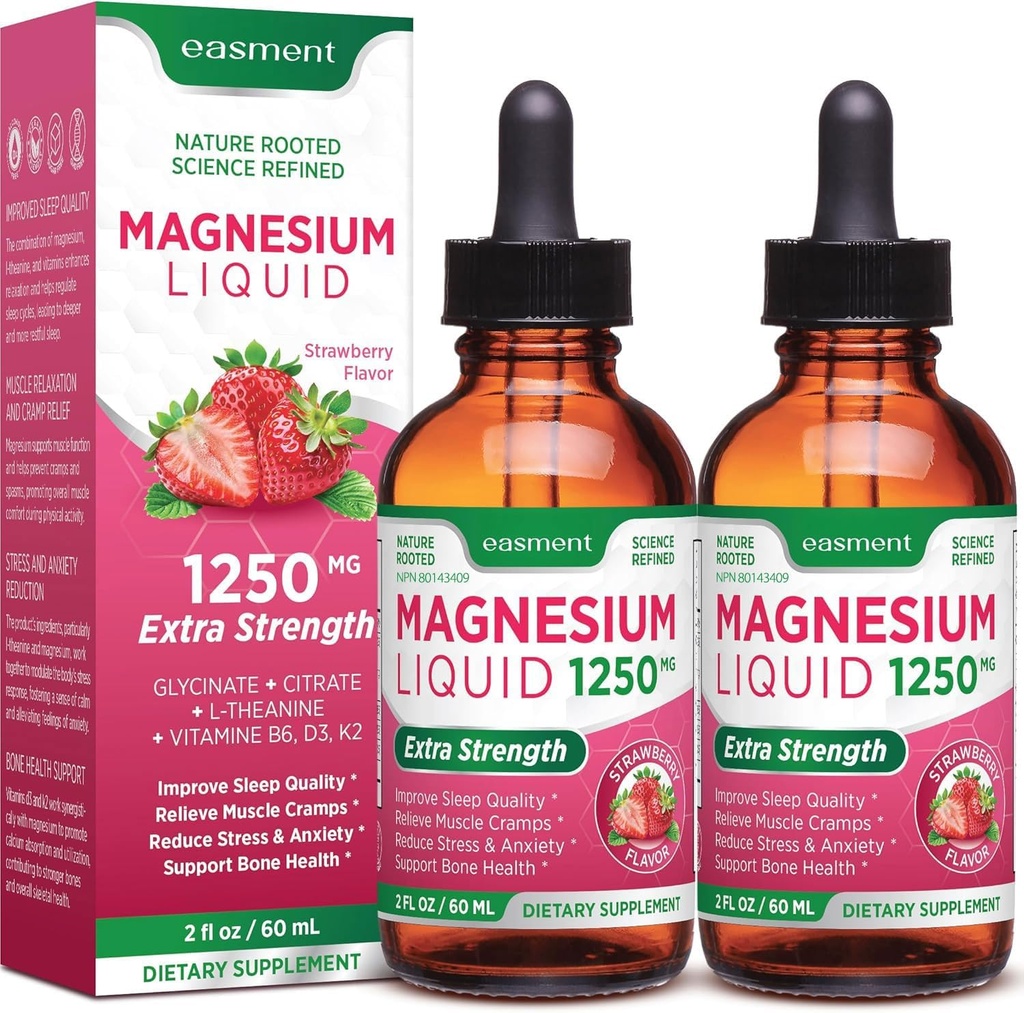 Magnesium Glycinat og Citrate Liquid Supplement: med vitamin D3, K2, B6 & L- Theanin, til muskelafslapning, Sleep Support & Samlet Wellness af kvinder - 120ml
