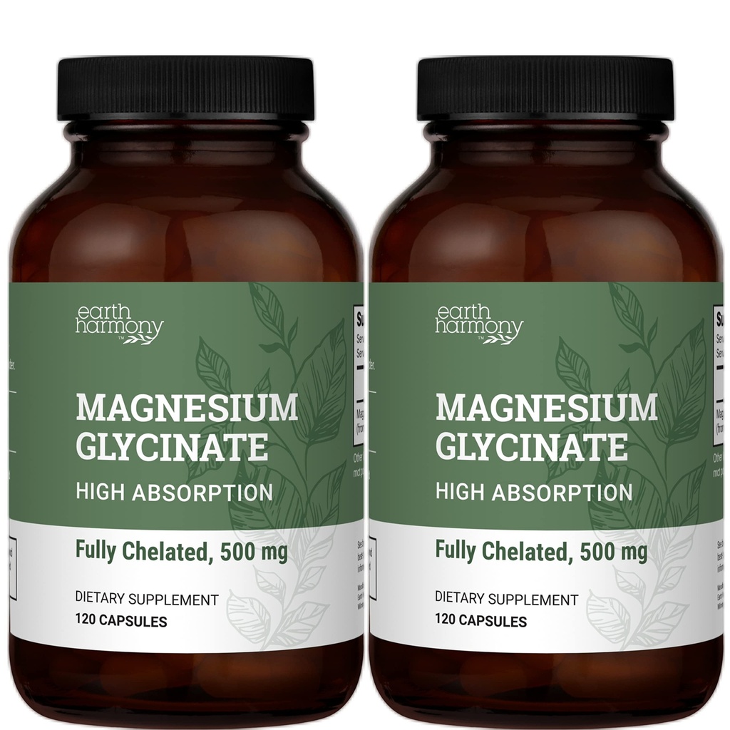 Earth Harmony Chelated Magnesium Glycinate 500mg - 120 kapsler (2- Pack, 1000 mg i alt)