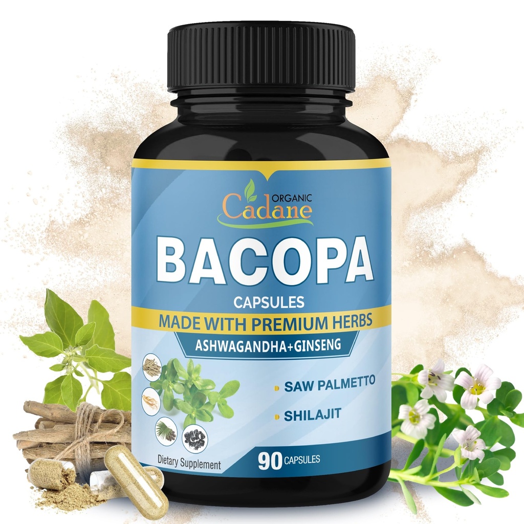Organic Cadane Bacopa Monnieri Supplement - Blended with Ashwgandha, Ginseng, Saw Palmetto, Shilajit - 90 Capsules for 3 Month Supply