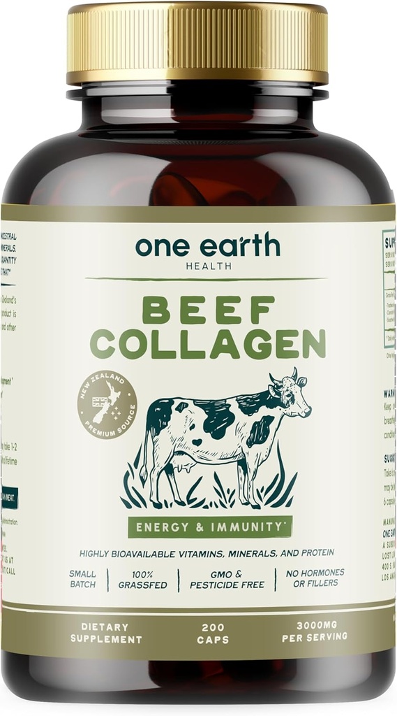 One Earth Health Grass Fed Beef Collagen - New Zealand Sourced Natural Collagen tillæg. (type I, II, III, V og X) 3,000mg per servering, 200 Tæl