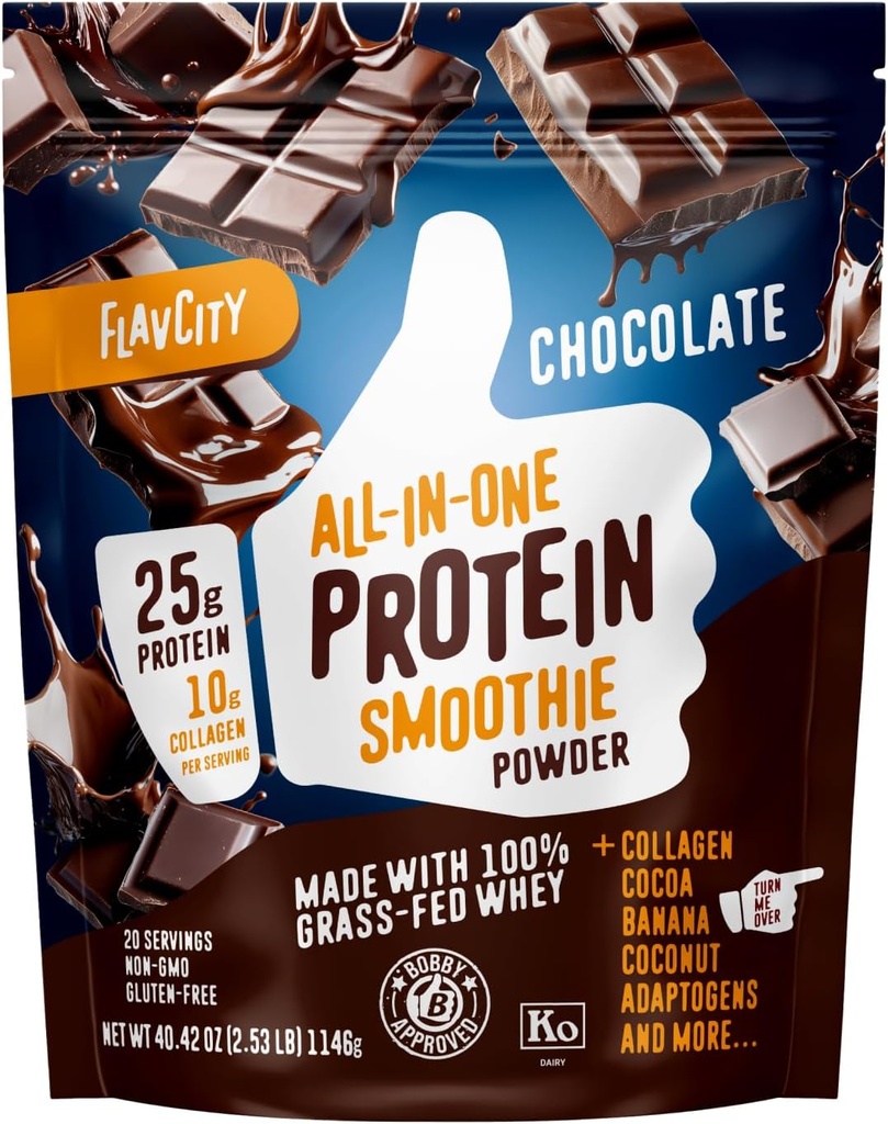 FlavCity Grass Fed Whey Chokolade Protein Powder - 25g Protein & 10g Collagen - Lavet med økologisk kakao, bananer & kokos Mælk - Gluten Free & No Tilføjet sukkerarter (20 Servere)